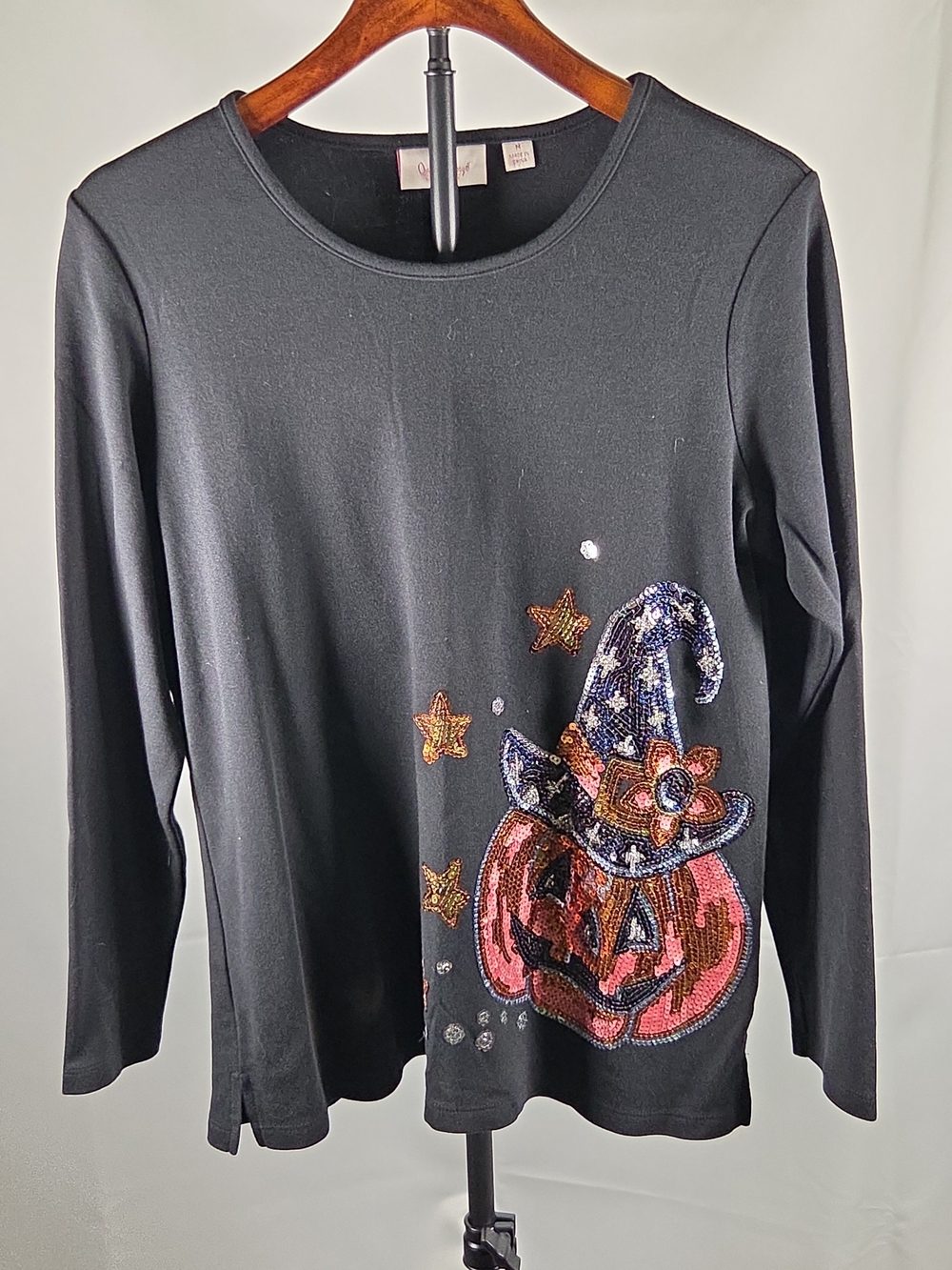 Women's Black Long-Sleeve Halloween Pumpkin Sequin Top Size M